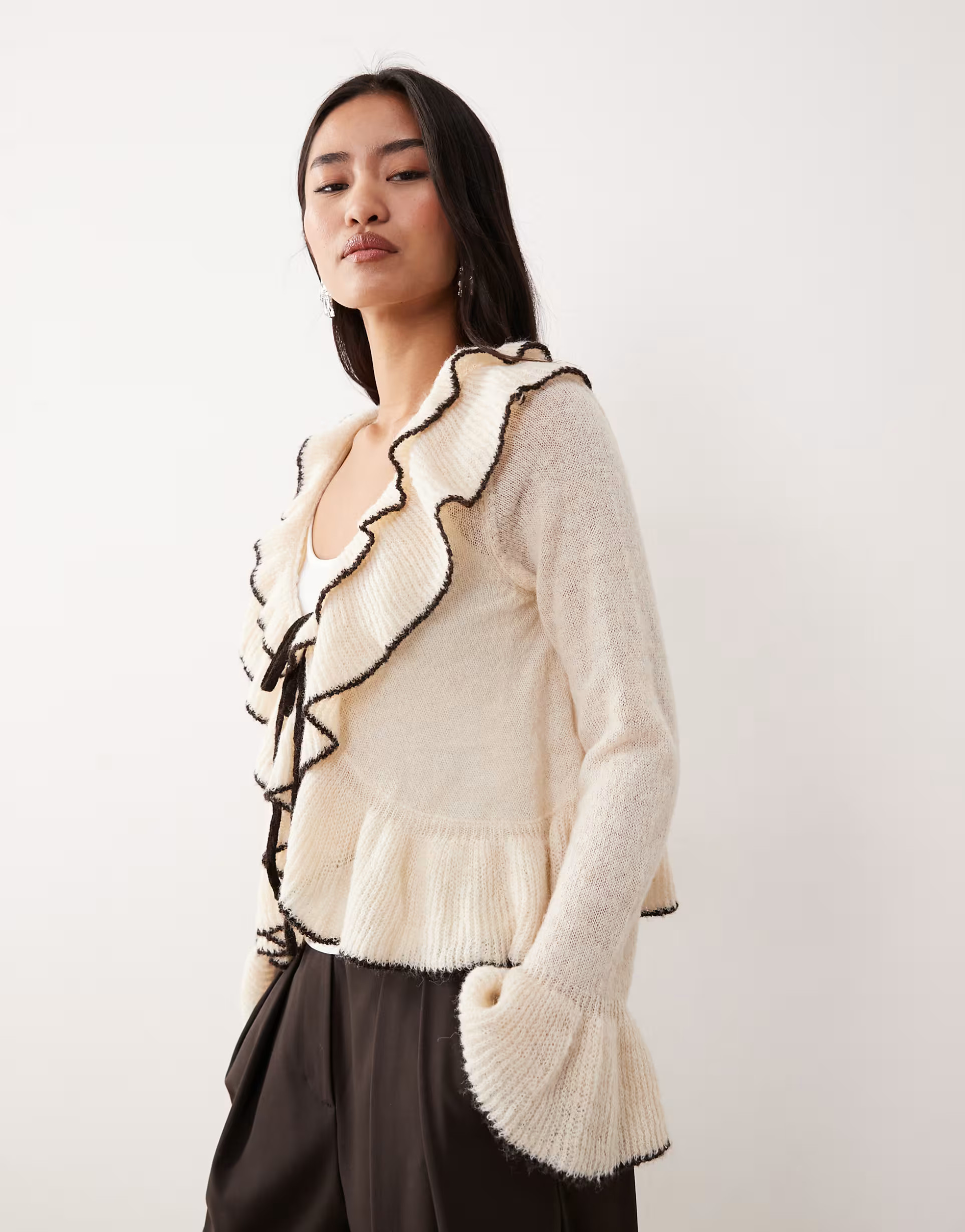 YAS constrast frill detail tie front cardigan in birch cream | ASOS | ASOS (Global)
