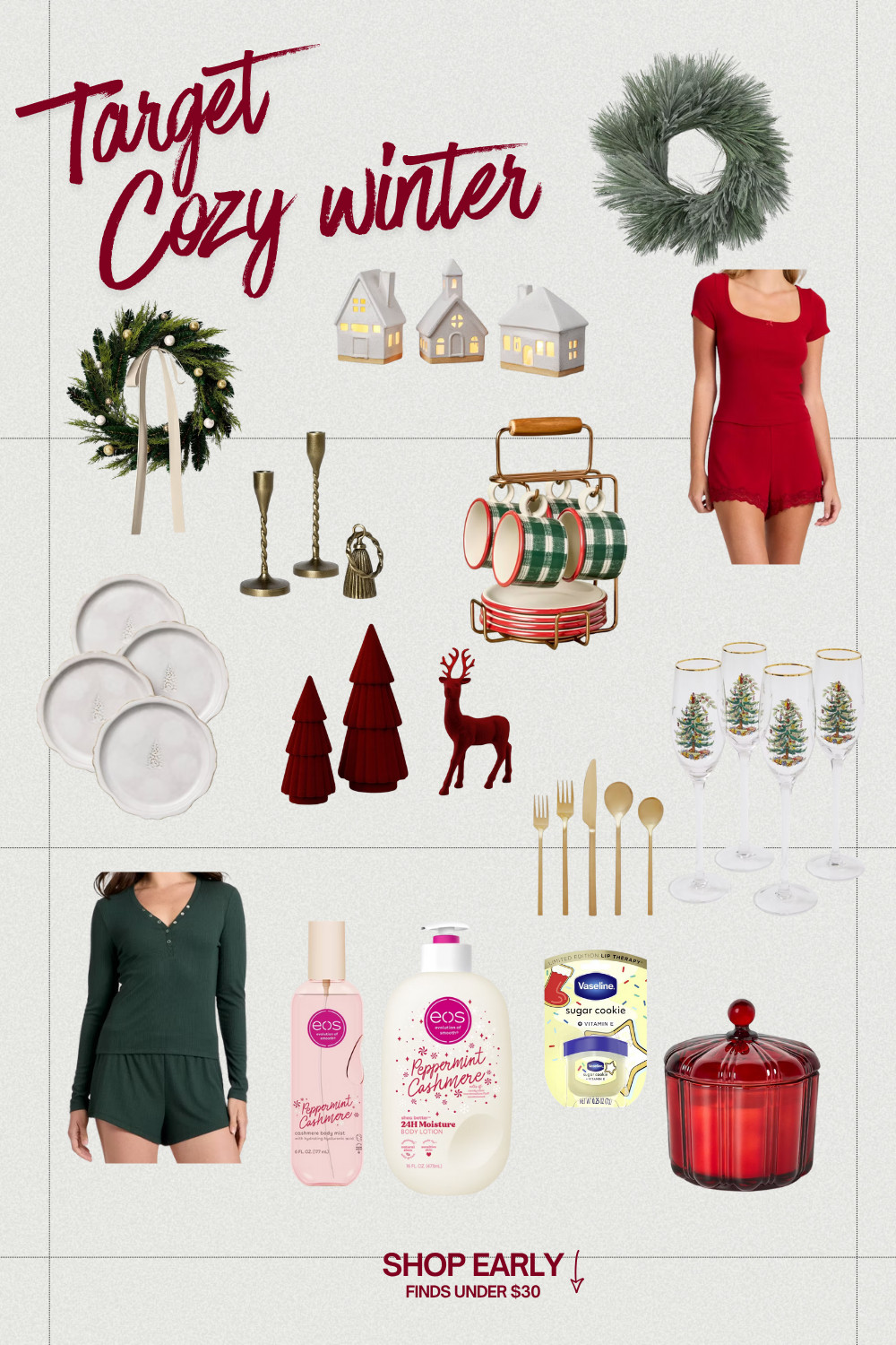 Cozy winter vibes unlocked 🎄✨ (I found lots of Anthropologie dupes for MUCH less 😍) Everything here is from Target and under $30, think holiday home décor, festive tableware, cozy PJs, and winter beauty must-haves like Peppermint Cashmere and Sugar Cookie scents 🤍 

Perfect for gifting or treating yourself this season!
🛍️ Shop early, these viral Target finds always sell out fast!

#TargetStyle #TargetFinds #CozyWinter #HolidayHomeDecor #TargetChristmas #TargetMustHaves #Under30 #GiftIdeas #HomeDecorInspo #LTKhome #LTKholiday #LTKseasonal #LTKfinds 

 #LTKGiftGuide #LTKHoliday #LTKFindsUnder50