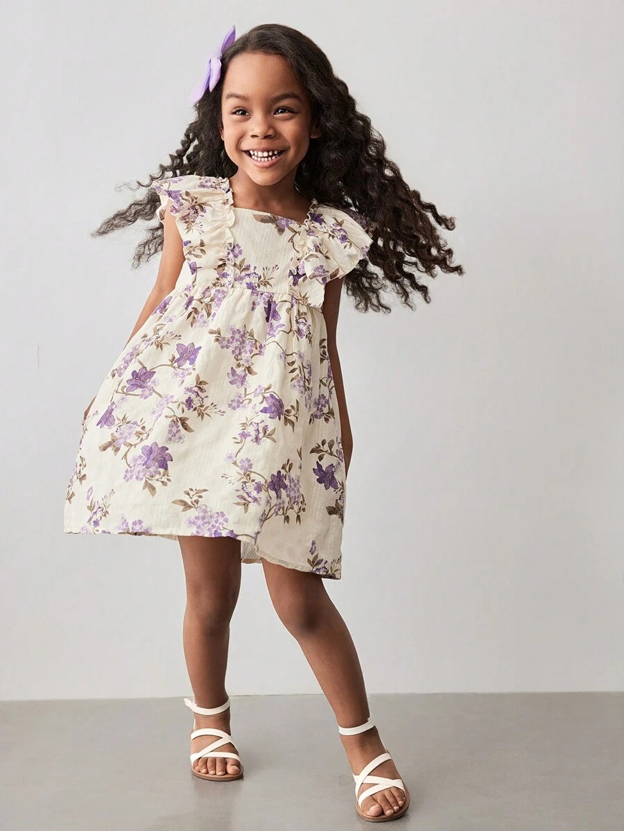 Maija Young Girls' Loose Casual Floral Print Short Sleeve Dress | SHEIN