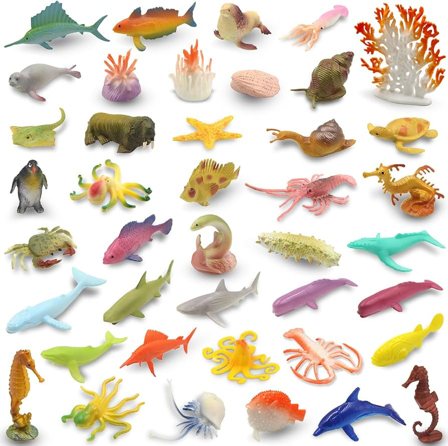 Pinowu Ocean Sea Animal Figurines (50pcs), Assorted Mini Vinyl Rubber Animal Toy Set, Realistic S... | Amazon (US)