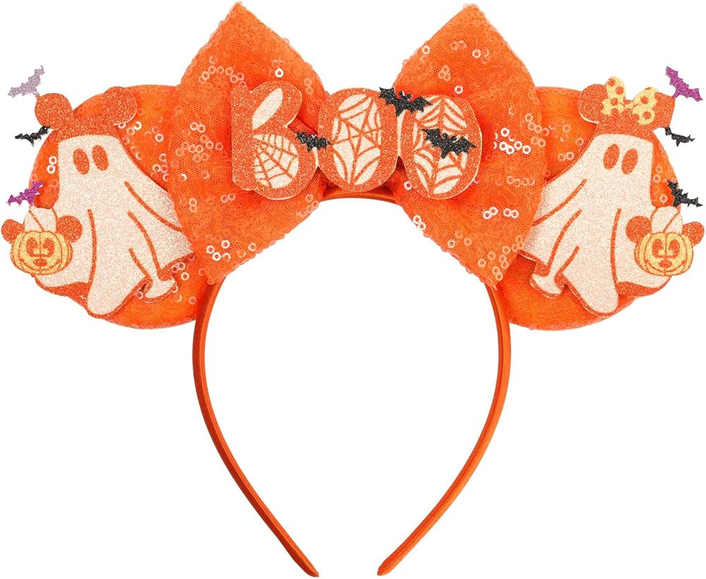 bianbaistar Orange Sequin Mouse Ear Headband with Ghost & Pumpkin Motifs - Spooky - Cute Halloween Accessory for Women & Party Enthusiasts | Amazon (US)