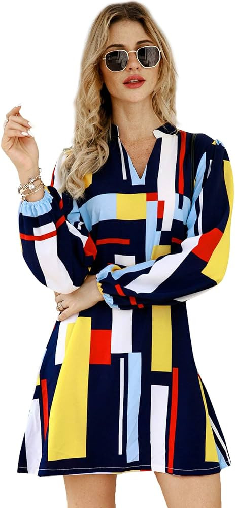 Floerns Women's 70s Disco Lantern Long Sleeve Geometric Fall Shift Dress 60s Outfits | Amazon (US)