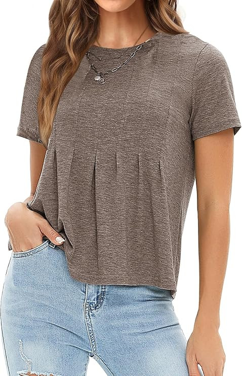 EXLURA Womens Summer Cute Crop Tops Short Sleeve Pleated Tshirts Crewneck Business Trendy Blouse ... | Amazon (US)