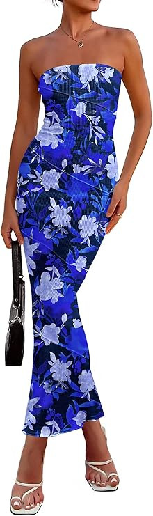PRETTYGARDEN Women's 2026 Summer Floral Bodycon Maxi Dresses Ribbed Strapless Tube Casual Boho Pa... | Amazon (US)