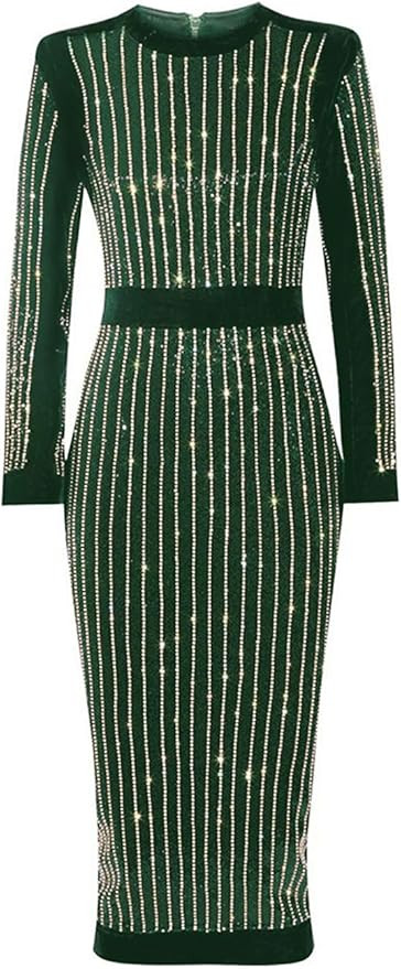 whoinshop Women's High Neck Long Sleeves Rhinestone Midi Evening Bandage Elegant Dress | Amazon (US)