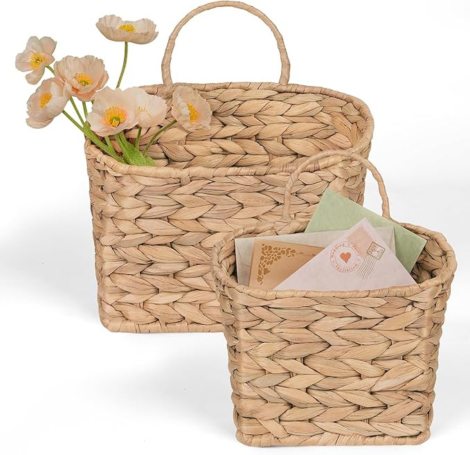 iEGrow Set of 2 Hanging Basket, Wicker Wall Basket Natural Water Hyacinth, Hanging Baskets for Or... | Amazon (US)
