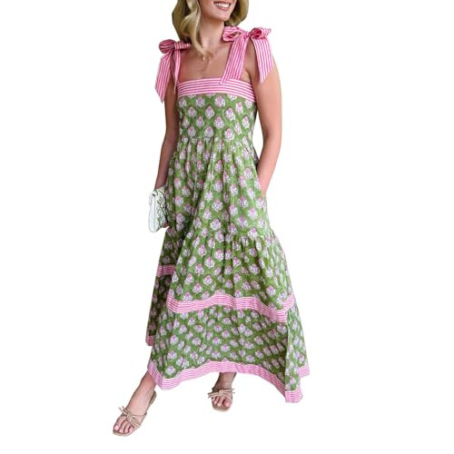 Women Y2k Boho Maxi Dress Tie Shoulder Backless Strappy Tiered Flowy Dress 2024 Summer Floral Beach Sundress (Green,L) | Amazon (US)