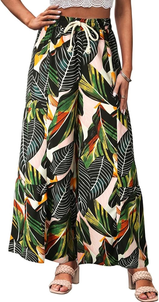Happy Sailed Womens Boho Print Palazzo Pants Elastic High Waist Drawstring Wide Leg Hippie Flowy ... | Amazon (US)