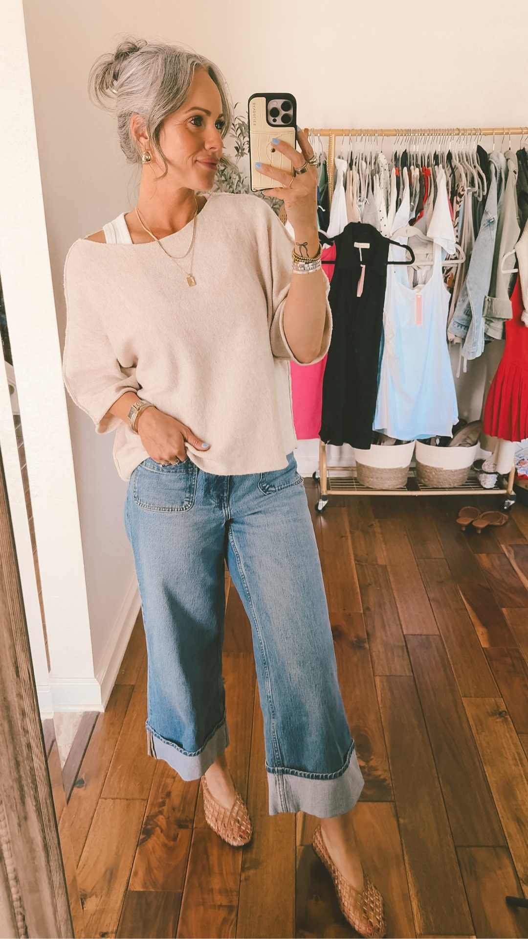 Sized up one in the top for a more slouchy fit in a medium 
Size 4 in be pants
Size 8 in the shoe, they do run a tad big probably could have sized down one but my true size still works! I love the color of these jellies! It’s the color beige. #jellyshoes #flats #jellyflats #easystyle #comfybutcute #momstyle #momfashion #denim #denimlover 

#LTKootd #LTKSeasonal #LTKOver40