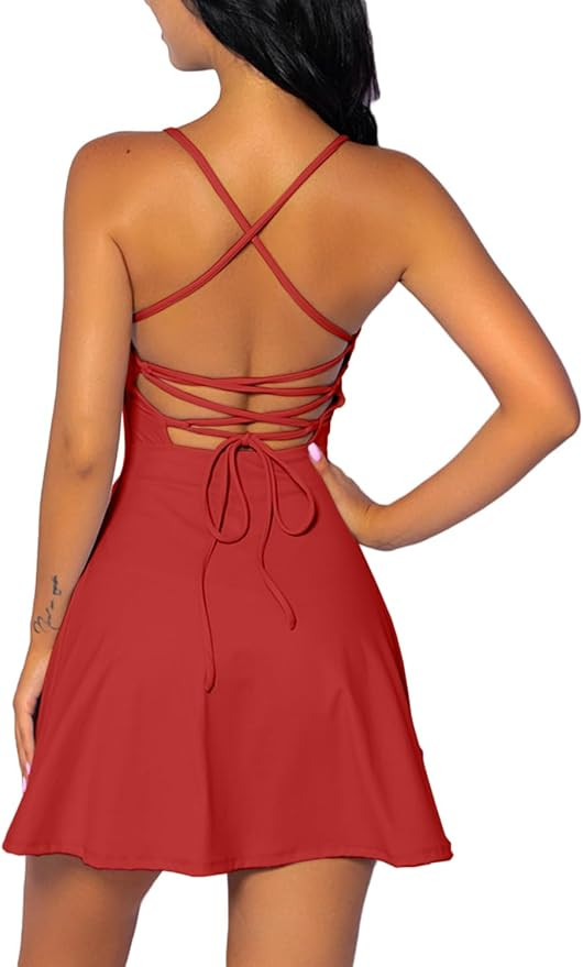 QINSEN Womens Two Pieces Tennis Dress with Shorts Workout Open Back Active Golf Dresses | Amazon (US)