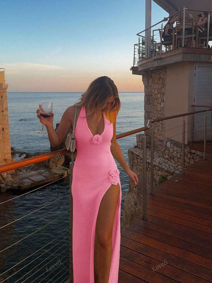 Women's Vacation Style V-Neck Halter Sexy Knitted Sweater Dress Backless Embroidery Open Leg Slee... | SHEIN