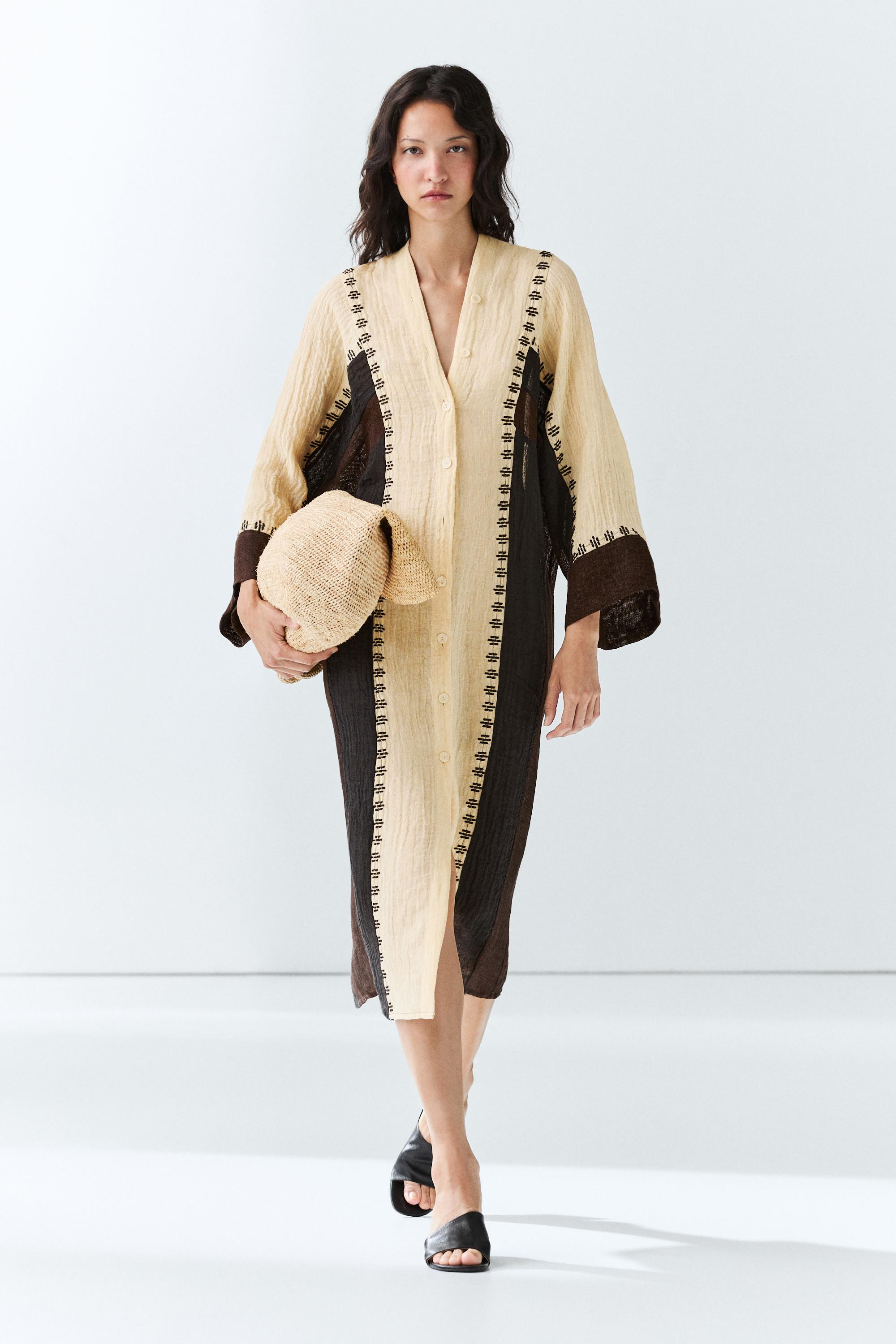 Linen blend embroidered kaftan dress | Massimo Dutti UK
