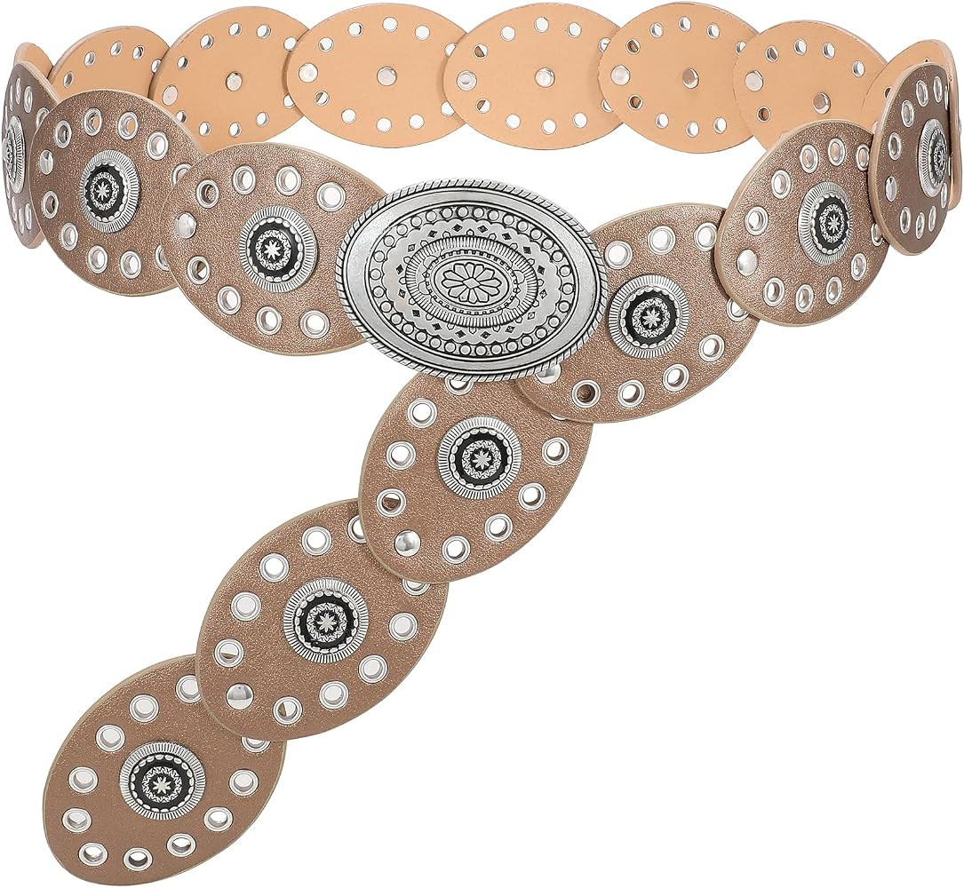 WHIPPY Women Disc Concho Leather Belt Western Cowgirl Hollow Belt Vintage Boho Oval Waist Belt fo... | Amazon (US)