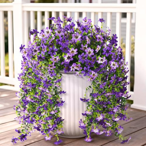 Artificial Hanging Flowers for Outdoors, 2 Pcs Fake Hanging Flowers Spring Summer Decor, UV Resistant Faux Artificial Outdoor Plants for Planter Front Door Porch Patio Garden Yard(Gradient Purple) | Amazon (US)