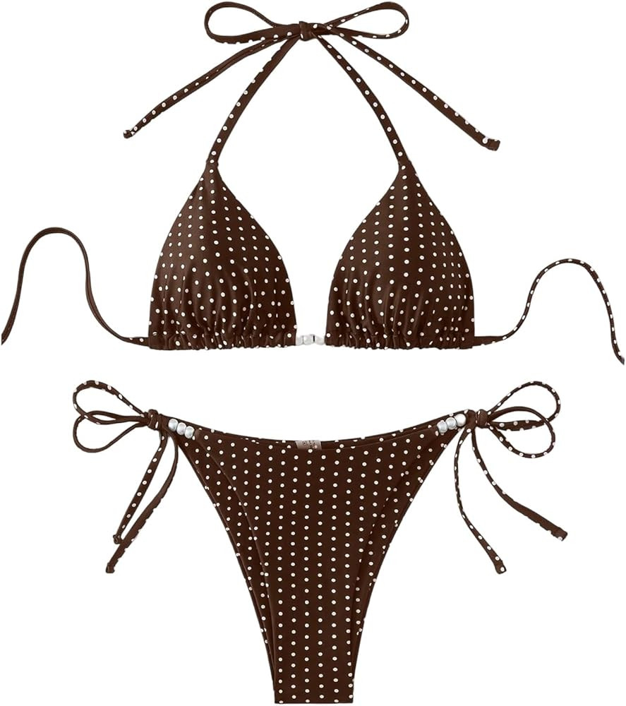 WDIRARA Women's Polka Dots Bikini Sets Halter Triangle String Swimsuit Tie Side 2 Piece Bathing S... | Amazon (US)