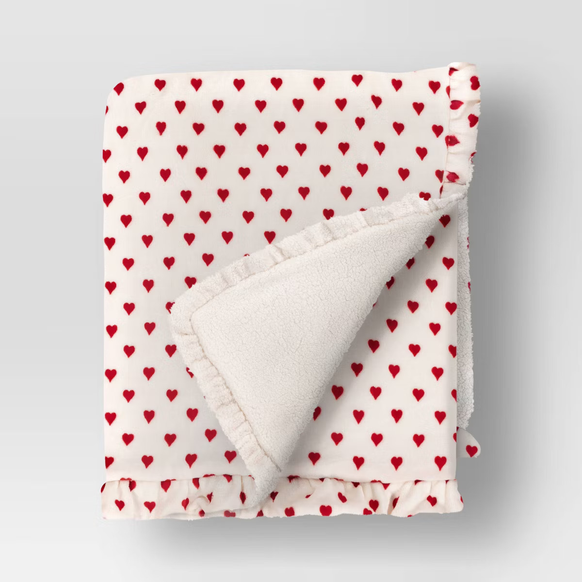 Mini Hearts Printed Plush Throw with Faux Shearling Reverse and Ruffled Trim Ivory/Red - Threshol... | Target