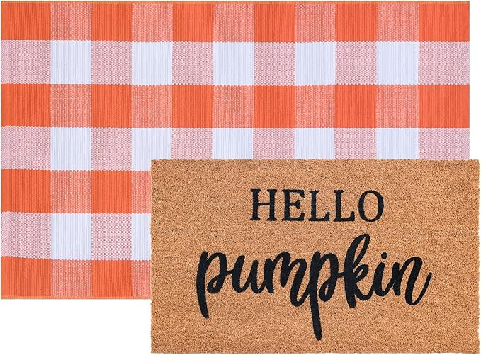 Fall Decor Doormat Combo Set, 100% Coco Coir Welcome Mat + 28 x 43 Inches Orange and White Plaid ... | Amazon (US)