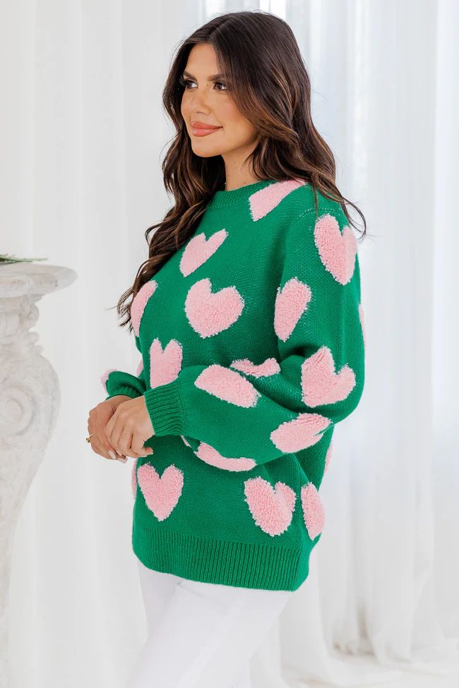 I'll Be There Green Fuzzy Heart Sweater | Pink Lily