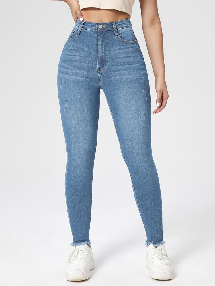 High Waist Raw Hem Skinny Jeans | SHEIN