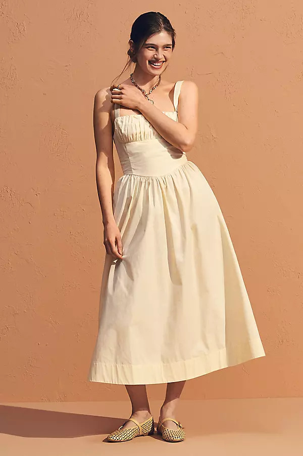 By Anthropologie Drop-Waist Ruched Midi Dress | Anthropologie (US)