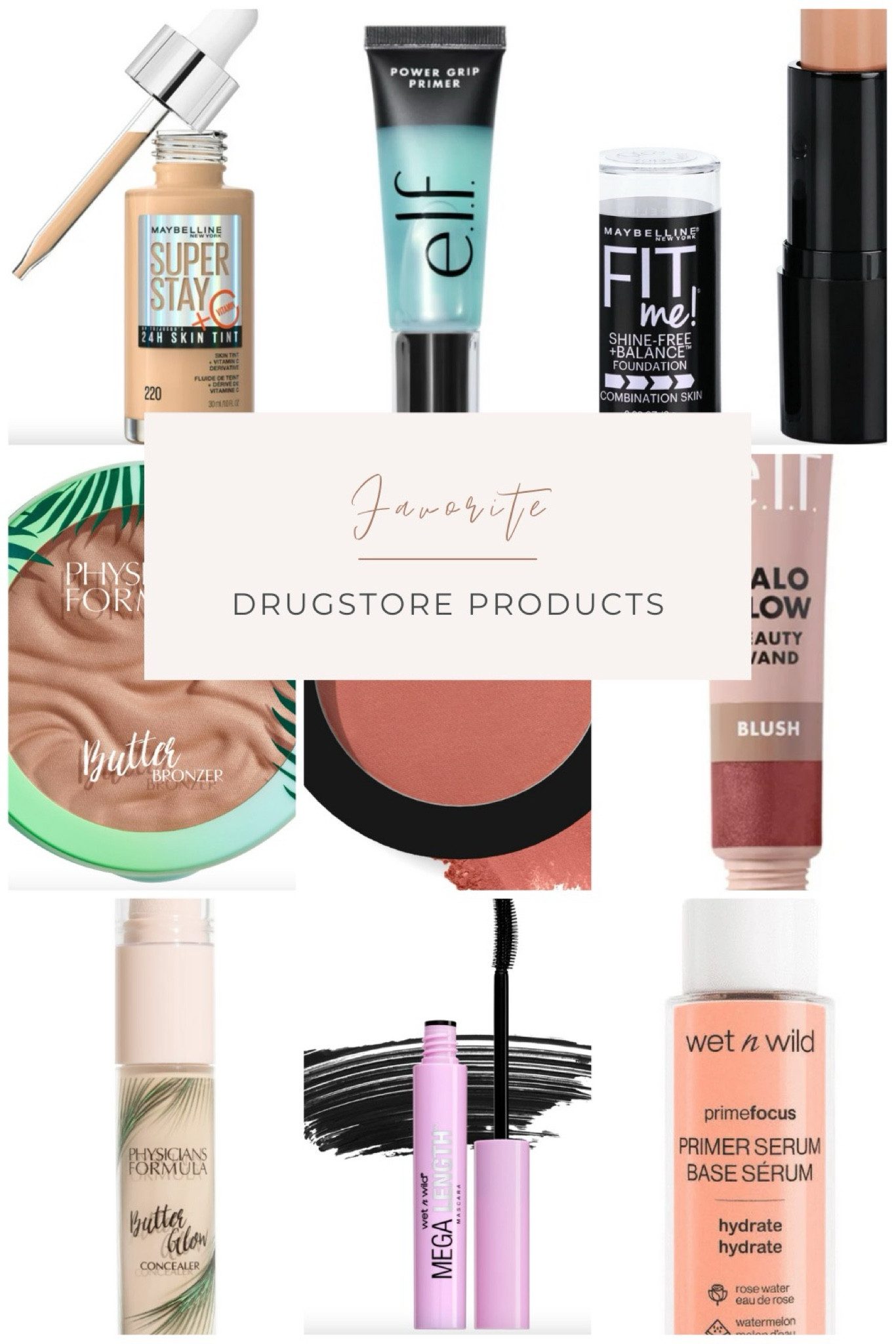 New drugstore favorites!! 

💄Maybelline Super stay 24 hour skin tint
💄elf power grip primer 
💄fit me foundation stick I use for contour 
💄physicians formula butter bronzer 
💄wet n wild blush SOO good for price 
💄elf halo blush wand so good 
💄wet n wild mascara buildable 
💄wet n wild prime focus only use under eyes great for more mature and eliminates creasing 
💄Physicians formula concealer great for more mature under eyes creamy consistence 


#LTKstyletip #LTKfindsunder50 #LTKbeauty