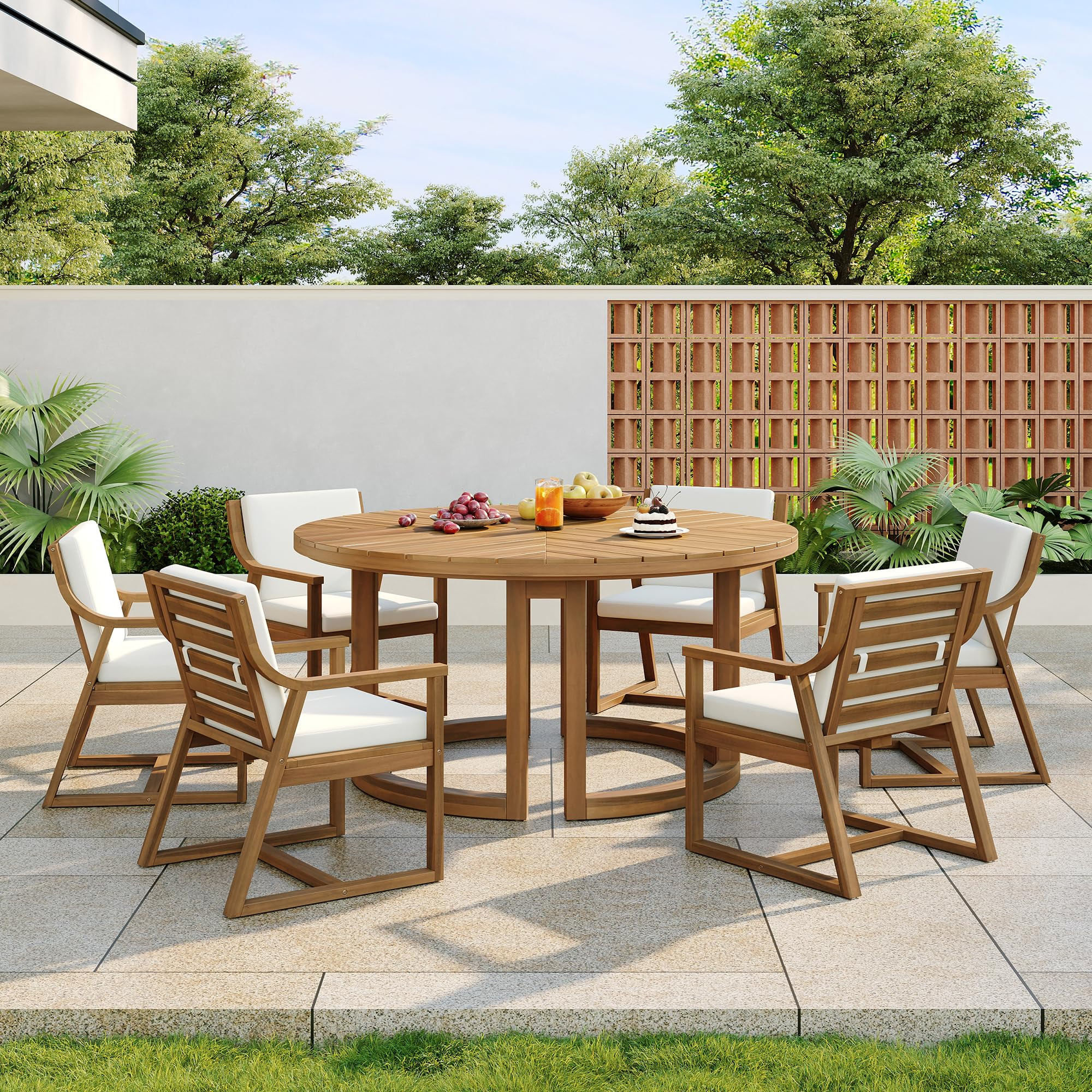 Merax 7 Pieces Outdoor Dining Set for 6 People, Acacia Wood Patio Furniture Sets with Round Table and Six Cushioned Chairs for Backyard, Garden, Lawn, Poolside, Tabletop with Umbrella Hole, Light Teak | Amazon (US)