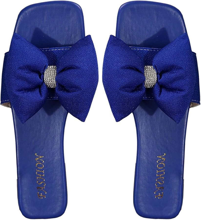 OYOANGLE Women's Bow Rhinestone Open Toe Slip on Flat Sandals | Amazon (US)