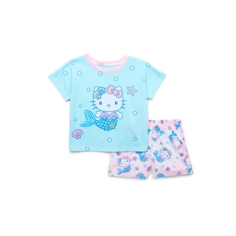 Hello Kitty Little Girls and Big Girls Mermaid Graphic Tee and Shorts Pajama Set, 2-Piece, Sizes ... | Walmart (US)