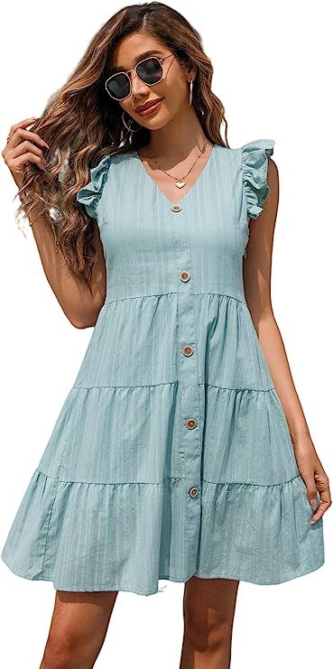 R.Vivimos Women's Summer Short Sleeve Cotton V Neck Buttons Ruffled Swing Mini Dress | Amazon (US)
