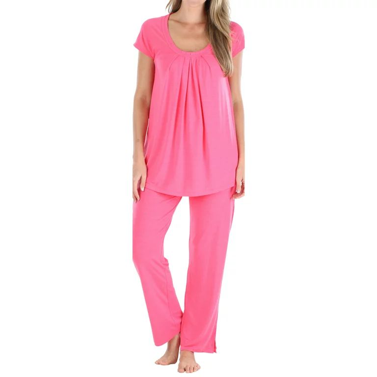 PajamaMania Women's Stretchy Knit Short Sleeve Oversized Top and Pants Pajama Set | Walmart (US)