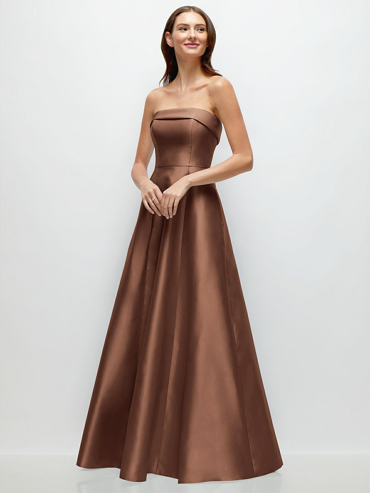 Strapless Bias Cuff Bodice Satin Gown with Pockets in Cognac | Dessy Group