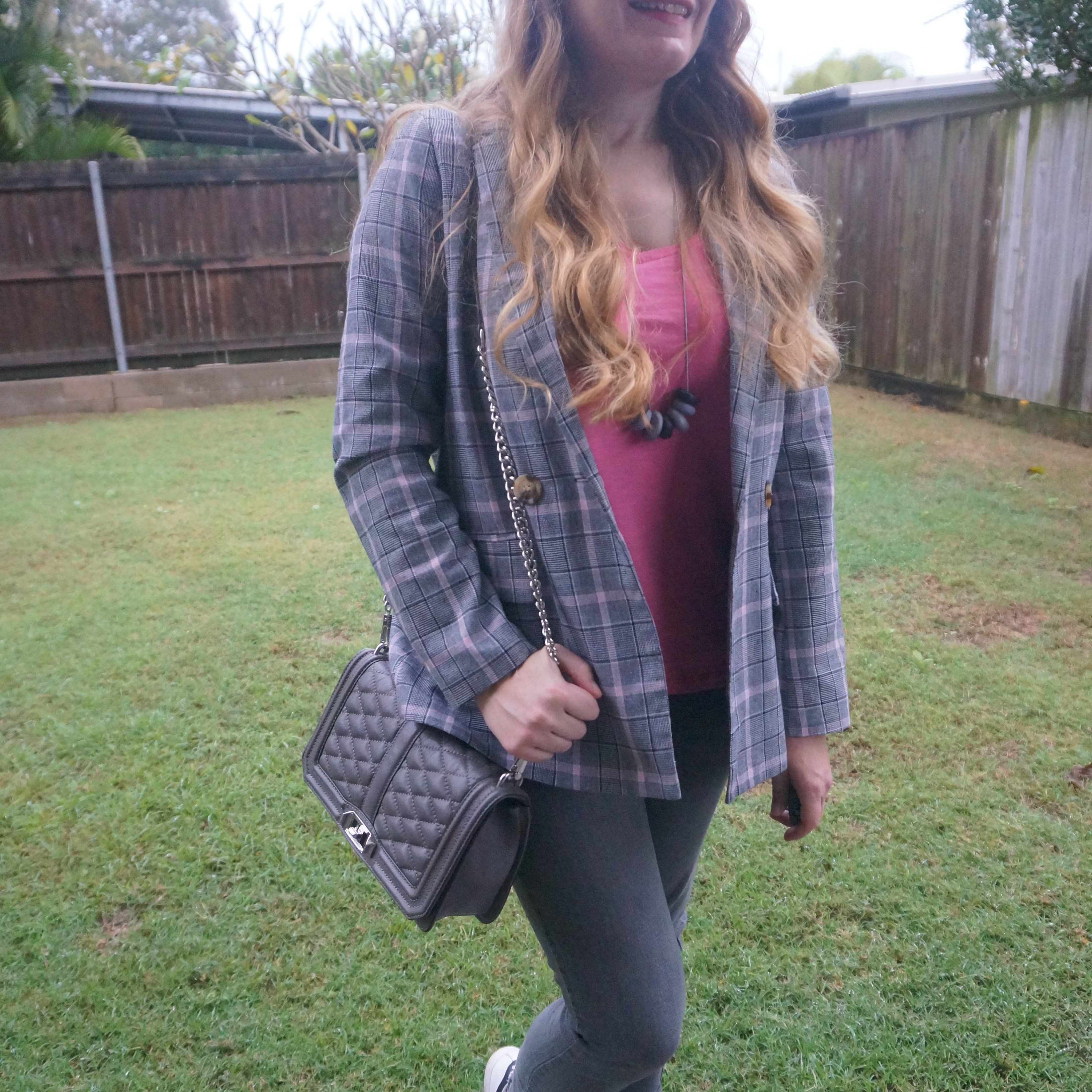 Thrifted tartan blazer with pink tee, grey Nobody Denim jeans and grey quilted Rebecca Minkoff Love bag 💕

#LTKaustralia #LTKworkwear #LTKbag