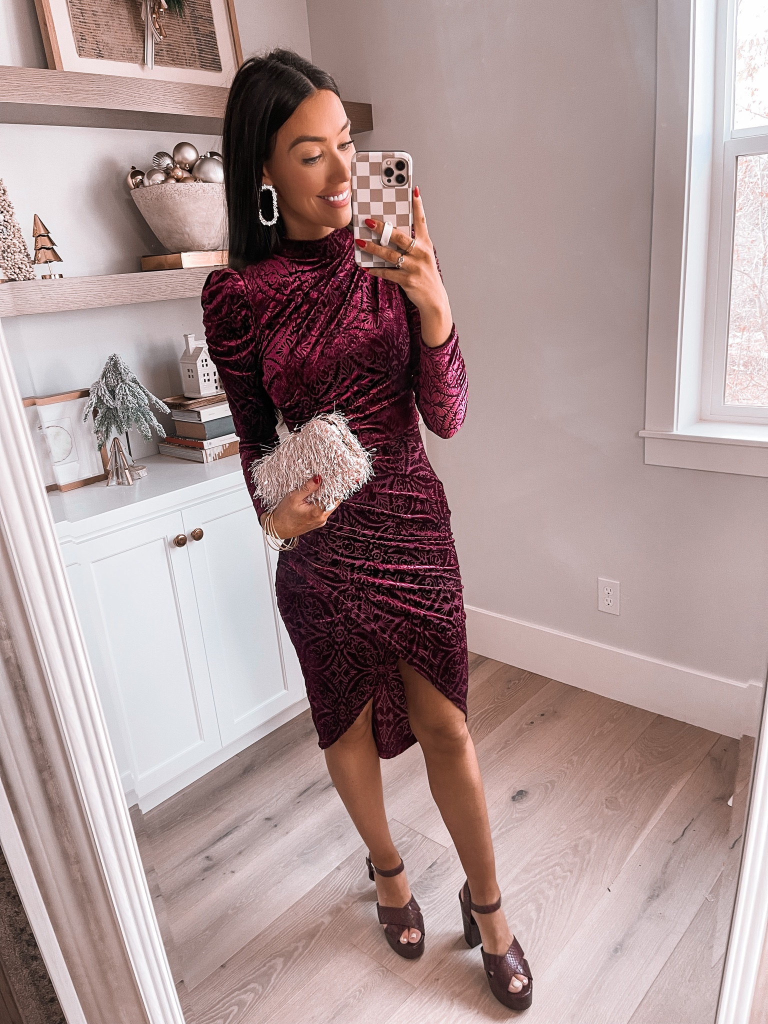 Holiday dress, Christmas dress, holiday workwear outfit, holiday style, Christmas outfit idea, burgundy dress, clutch, wedding guest dress

#LTKSeasonal #LTKHoliday #LTKstyletip