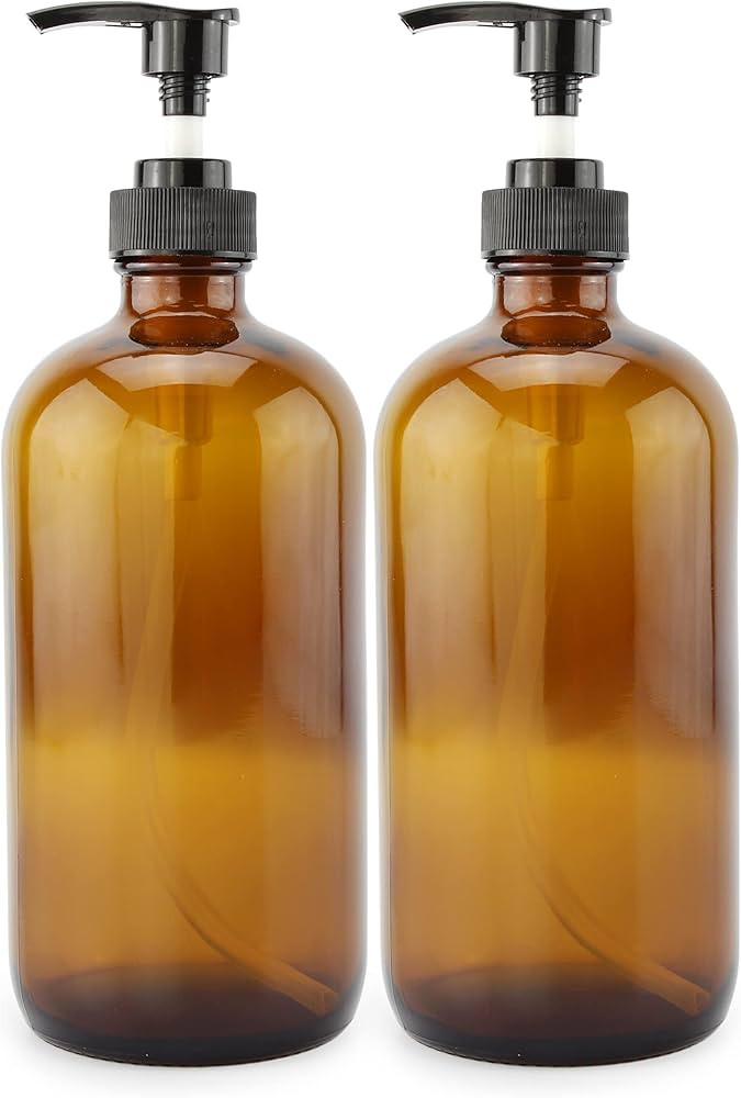 16-Ounce Amber Glass Bottles w/ Pump Dispensers (2-Pack); Refillable Lotion Liquid Soap Pump Brow... | Amazon (US)