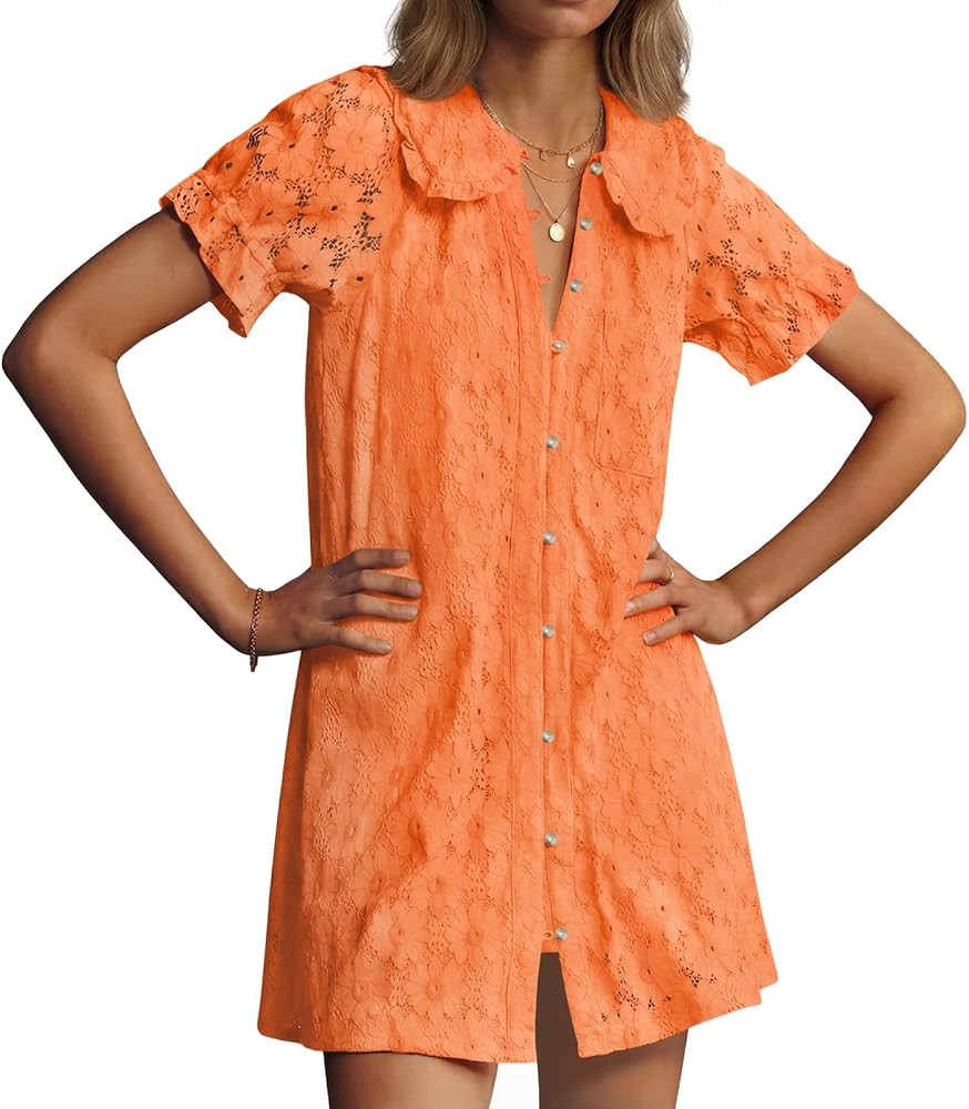 Wenrine Womens Summer Lace Mini Dress Casual Short Sleeve Peter Pan Collar Button Down Beach Vaca... | Amazon (US)