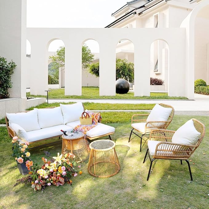 NICESOUL® 6 Pcs Boho Outdoor Small Patio Furniture Lounge Set with Beige Cushion and Round Glass... | Amazon (US)