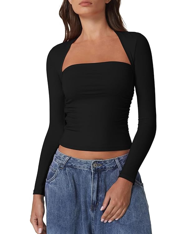 QINSEN Long Sleeve Square Neck Tops for Women Double Lined Side Ruching Going Out Shirts Basic Te... | Amazon (US)