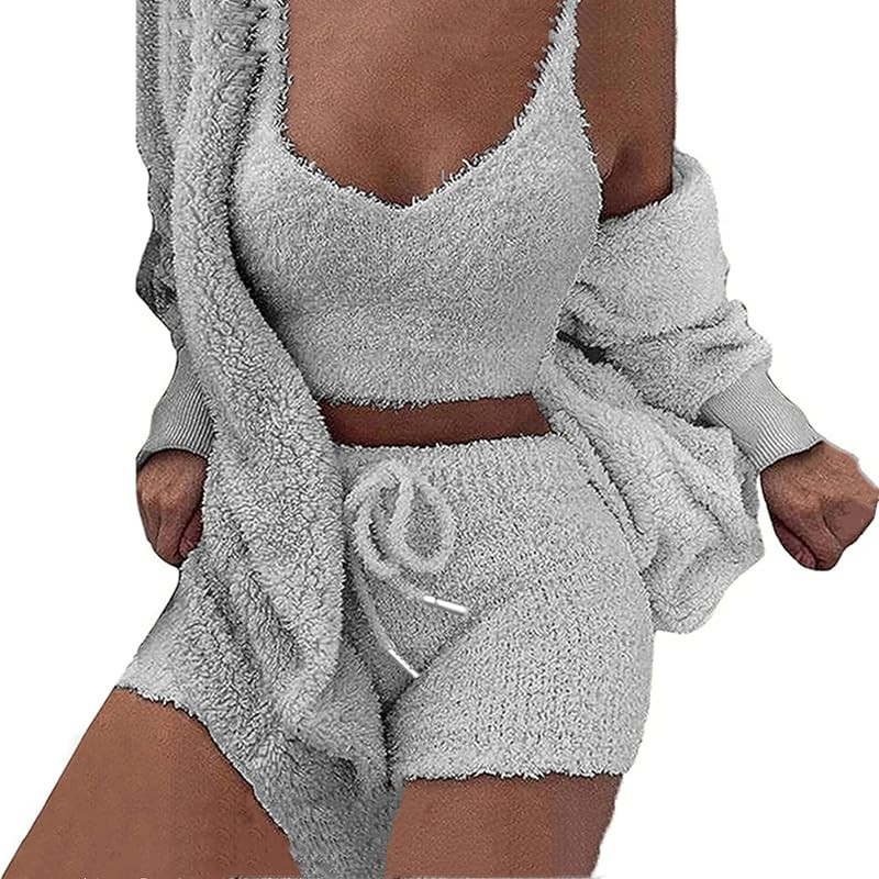 Women's Sexy Warm Fuzzy 3 Piece Outfits Pajamas, Sherpa Hooded Cardigan Outwear Sleeveless Crop T... | Amazon (US)