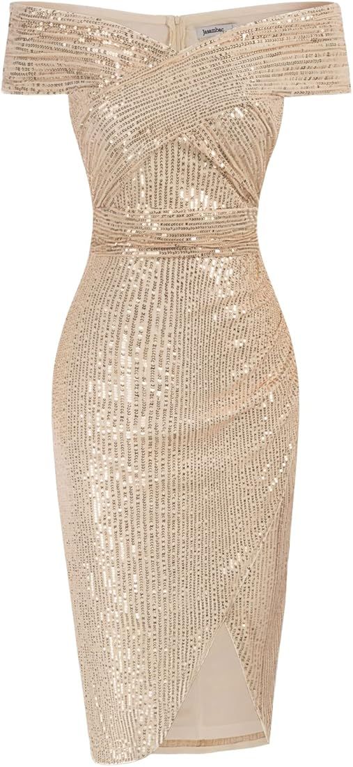 JASAMBAC Women's Off Shoulder Sequin Dress Ruched Slit Tulip Hem Wedding Evening Party Cocktail Body | Amazon (US)