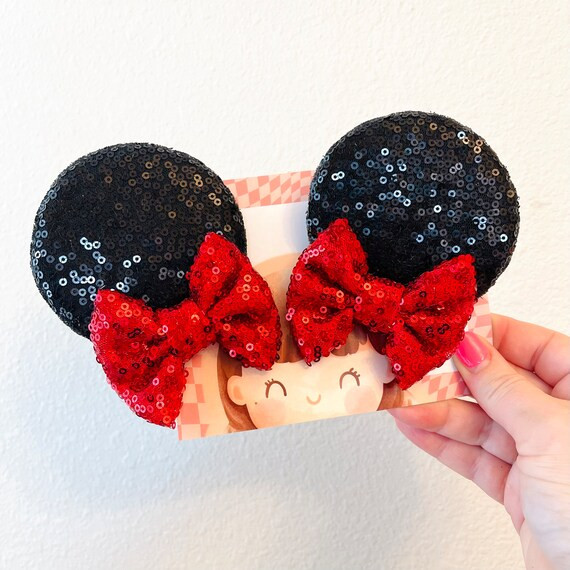 Mouse Ears Hair Clips Minnie Ears Pigtails Set Red Sequins - Etsy | Etsy (US)