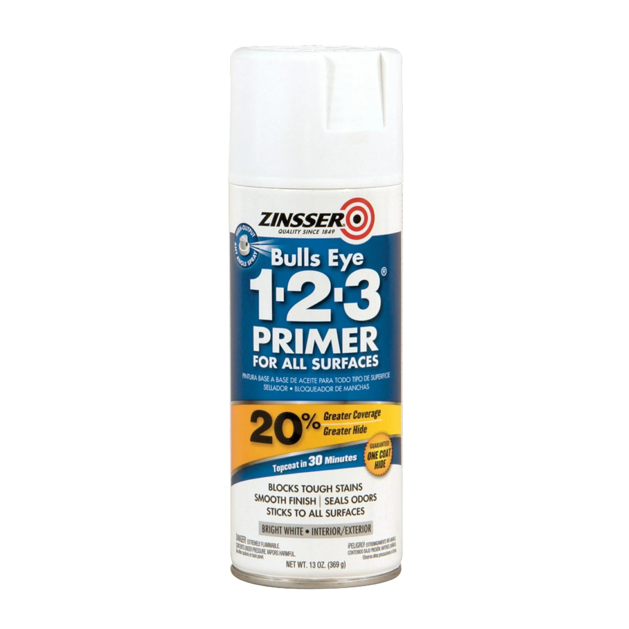 White, Zinsser Bulls Eye 1-2-3 Water-Based Primer Spray -2008, 13 oz | Walmart (US)