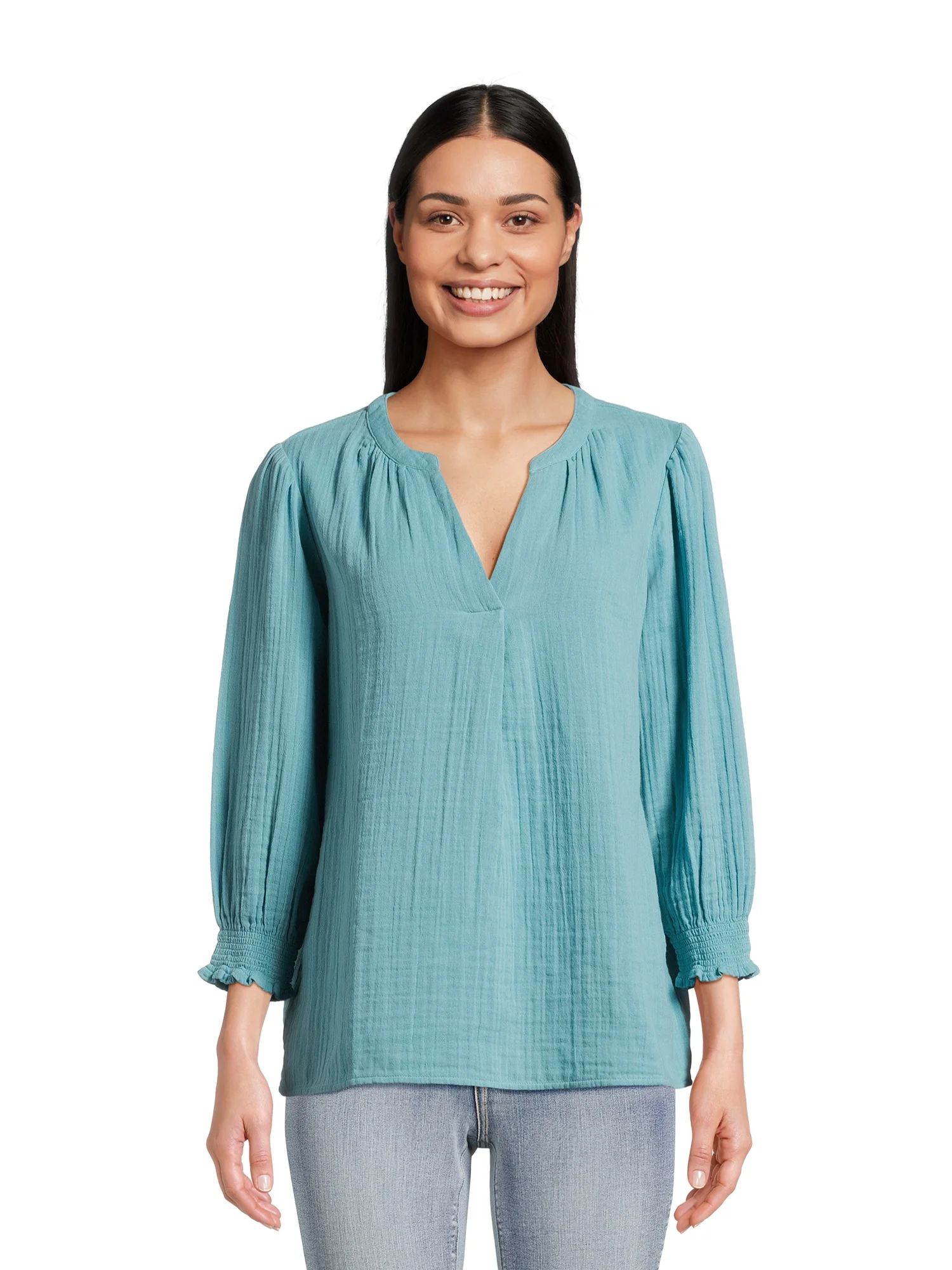 Time and Tru Women’s Double Cloth Peasant Top with Long Sleeves, Sizes XS-XXXL | Walmart (US)