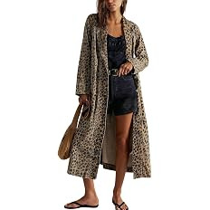 chouyatou Women 2026 Fall Leopard Print Denim Trench Coat Distressed Midi Long Denim Jean Jacket ... | Amazon (US)