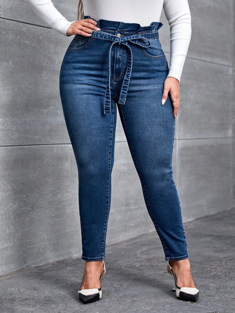 Plus Paperbag Waist Belted Skinny Jeans | SHEIN
