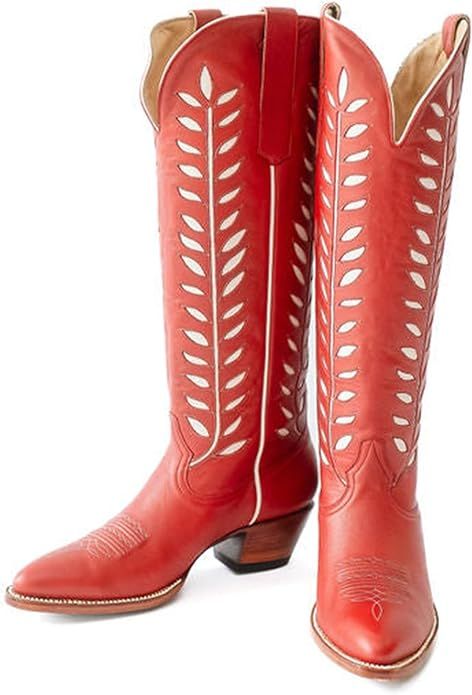 Embroidered Cowboy Boots for Women Almond Round Toe Chunky Heel Cowgirl Boots Pull On Knee High W... | Amazon (US)