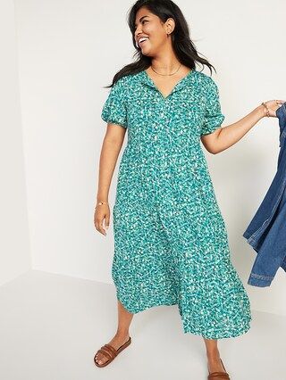 Floral Puff-Sleeve Button-Front Midi Swing Dress for Women | Old Navy (US)