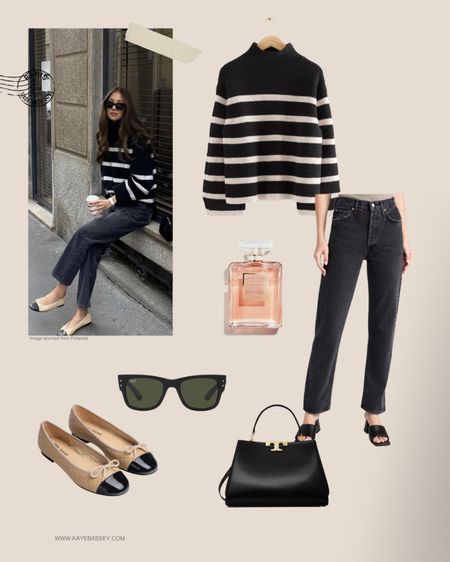 Parisian inspired fall outfit idea for autumn:
- striped sweater 
- dark wash straight leg jeans 
- ballet flats 
- structured handbag 
- Chanel perfume 

#LTKSeasonal #LTKstyletip #LTKworkwear