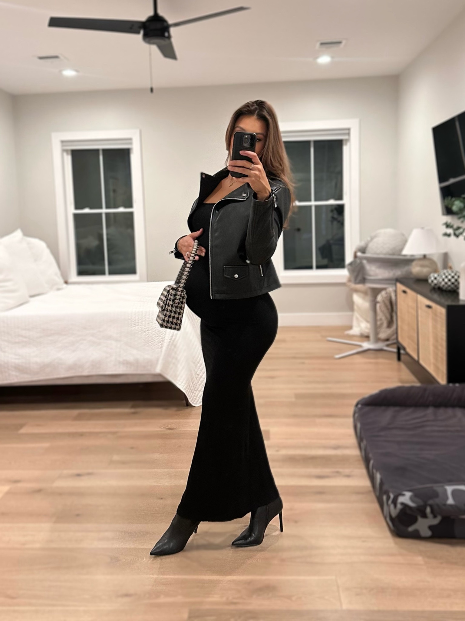 36 weeks pregnant 🤰🏽 

•bump style, maternity, fall fashion, all black, skims black maxi dress, mango leather moto jacket, anine bing handbag, houndstooth, black booties, pregnant, third trimester, date night, October 

#LTKBump #LTKSeasonal