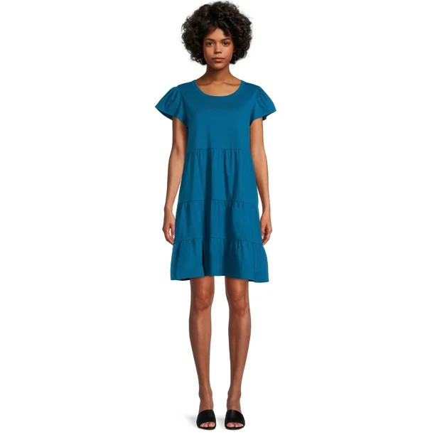Time and Tru Women's Short Sleeve Tiered Knit Dress | Walmart (US)