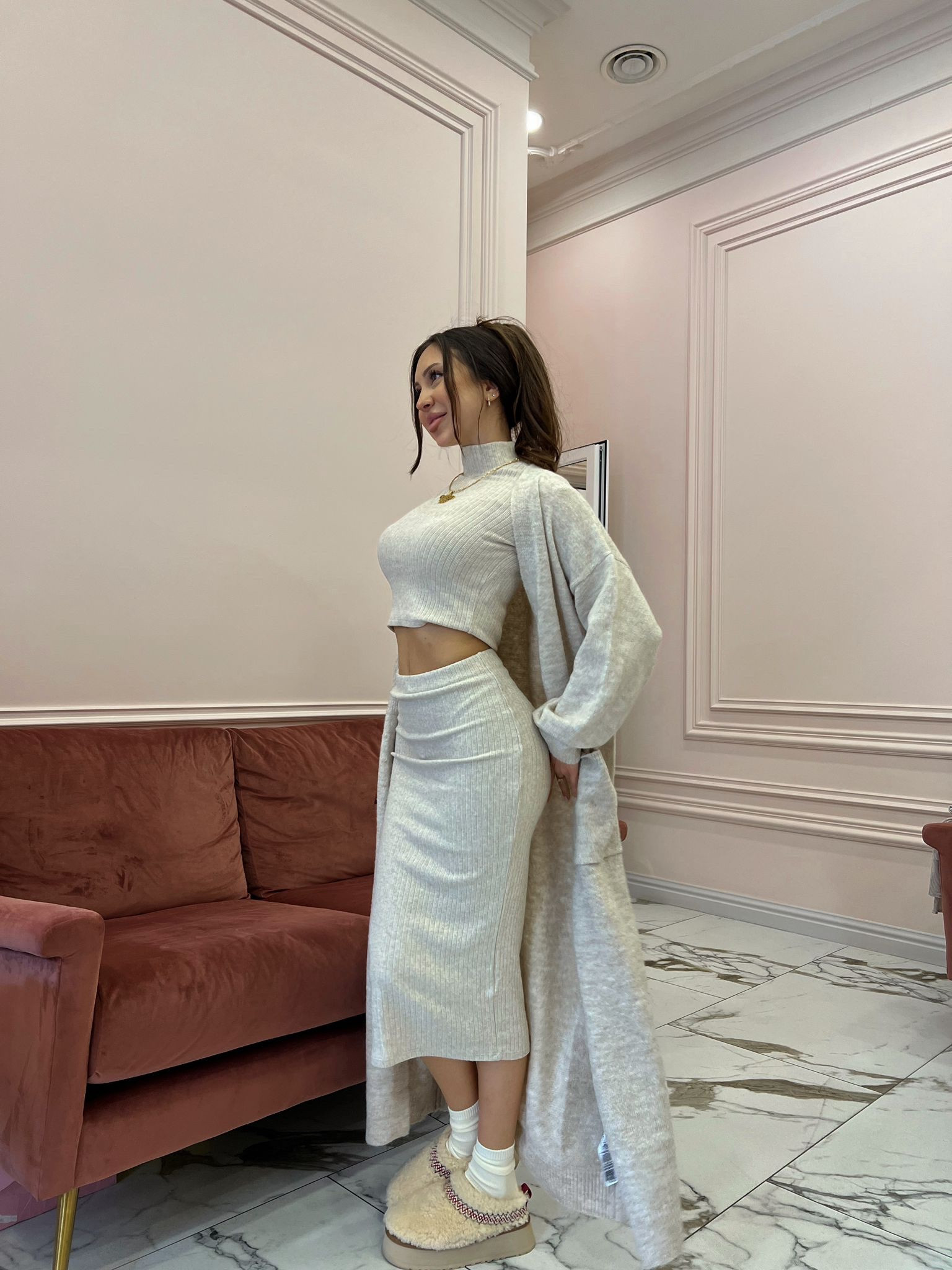 Cream knitted midi skirt, knit high neck jumper, white longline cardigan, fluffy platform slippers, Tazz Platform Slipper Braid - Natural, cosy lounge wear, knit co-ord  

#LTKSeasonal #LTKeurope #LTKstyletip